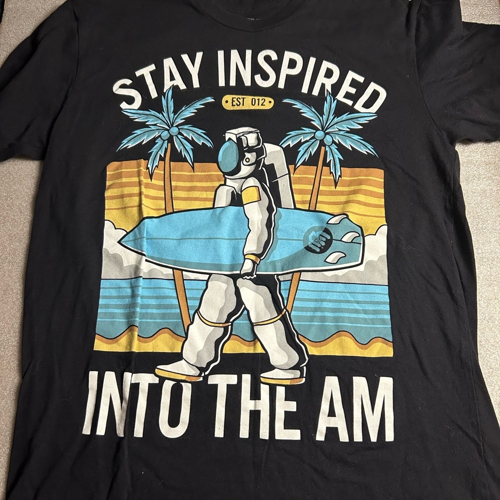 Stay Inspired Into The Am Spaceman Surf Board Black Shirt Medium